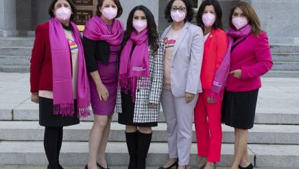 Asm. Aguiar-Curry joins fellow Women's Caucus members in wearing pink to support Planned Parenthood on the anniversary of the Roe V. Wade decision