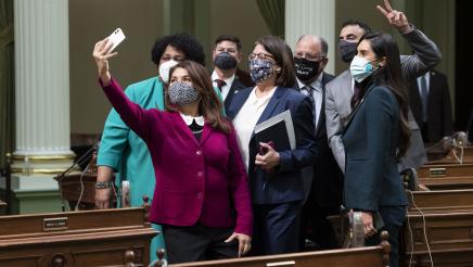 Assemblymembers take a selfie with incoming Secretary of State Shirley Weber