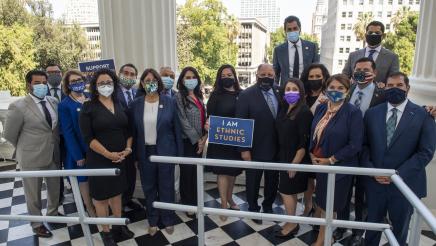 Asm. Aguiar-Curry joins other members of the Lainto Caucus following a vote on AB 101