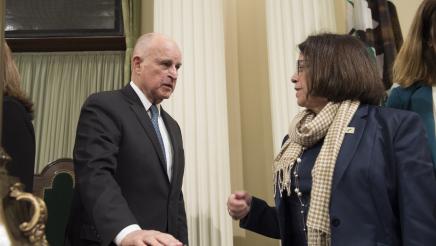 Asm. Aguiar-Curry talks with Gov. Jerry Brown at the 2018 State of the State