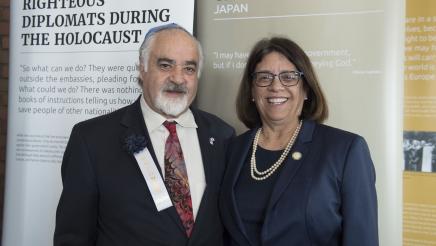 Asm. Aguiar-Curry takes a picture with an honoree at the 2018 Legislative Jewish Caucus' Holocaust Remembrance Brunch