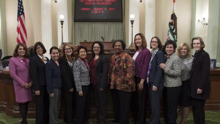 Asm. Aguiar-Curry poses with fellow female legislators on the first day of the 2017 legislative session