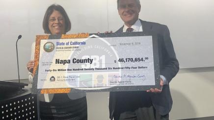 Assemblymember Aguiar-Curry presents check for $46,170,654 to Board Chair Supervisor Brad Wagenkecht of Napa County